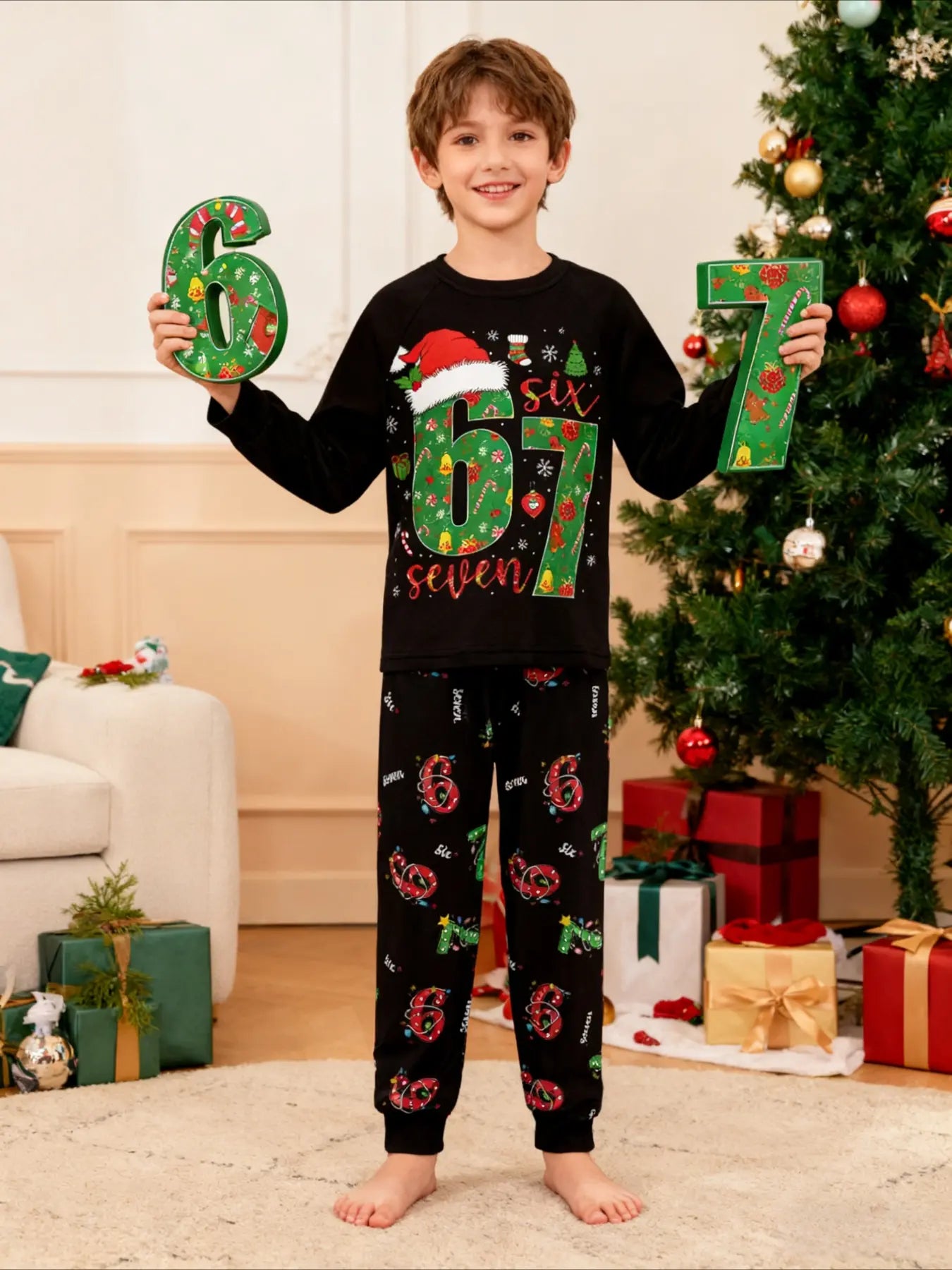67 Christmas Pajama Set – Long Sleeve Cartoon Print Holiday Sleepwear, Soft Cozy Pants Outfit, Unique Six Seven Design Gift