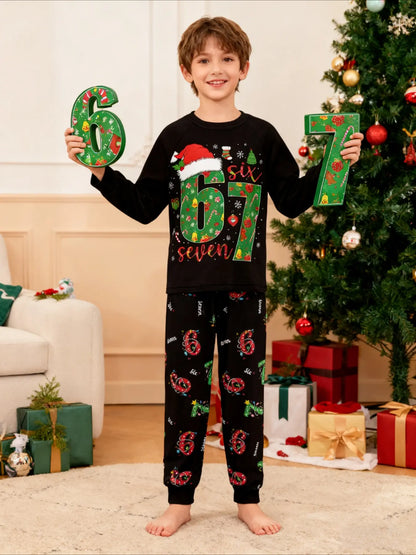67 Christmas Pajama Set – Long Sleeve Cartoon Print Holiday Sleepwear, Soft Cozy Pants Outfit, Unique Six Seven Design Gift