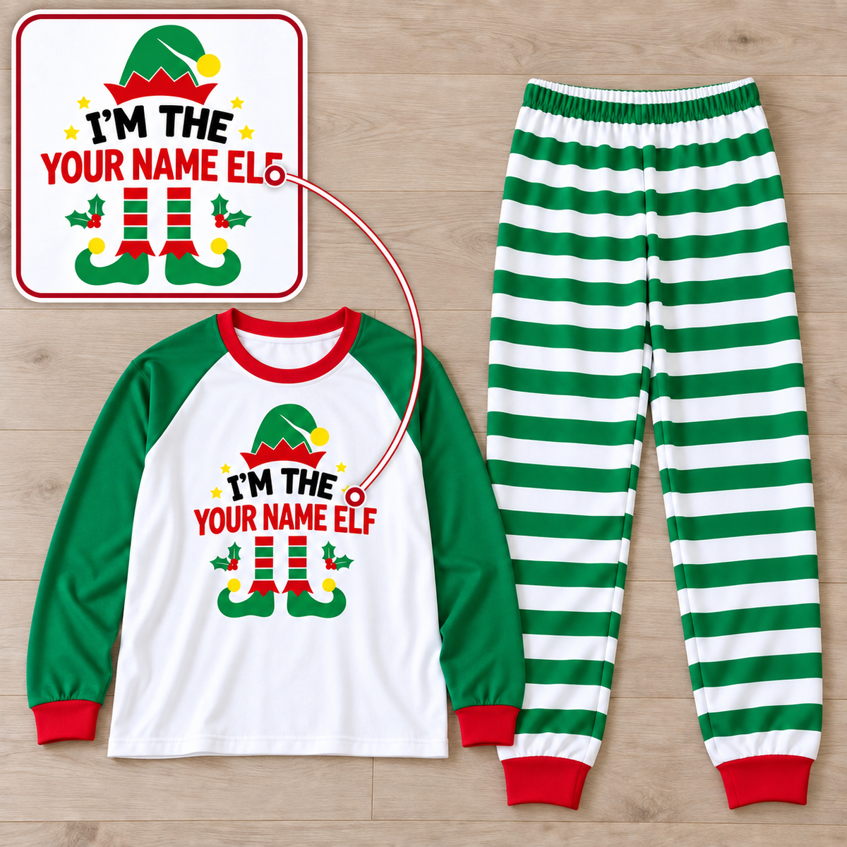 Personalized Christmas Elf Pajama Set – Green Stripes