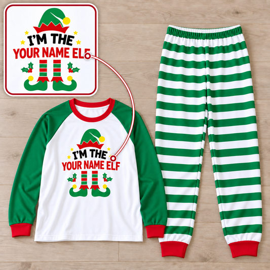Personalized Christmas Elf Pajama Set – Green Stripes