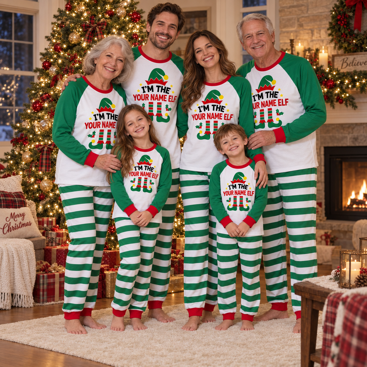 Personalized Christmas Elf Pajama Set – Green Stripes