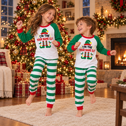 Personalized Christmas Elf Pajama Set – Green Stripes