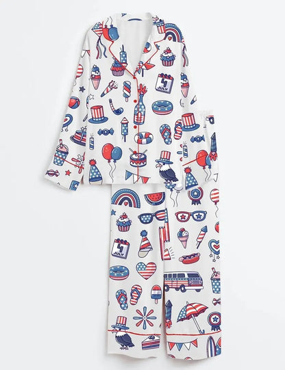 Stars and Stripes 4th of July Satin Pajamas – USA 250th Anniversary Patriotic Long Sleeve PJ Set