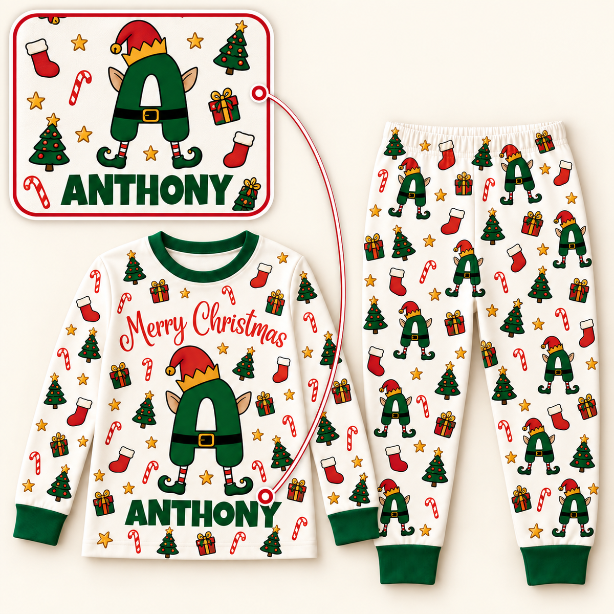 Personalized Elf Initial Christmas Pajama Set – Green