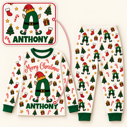 Personalized Elf Initial Christmas Pajama Set – Green