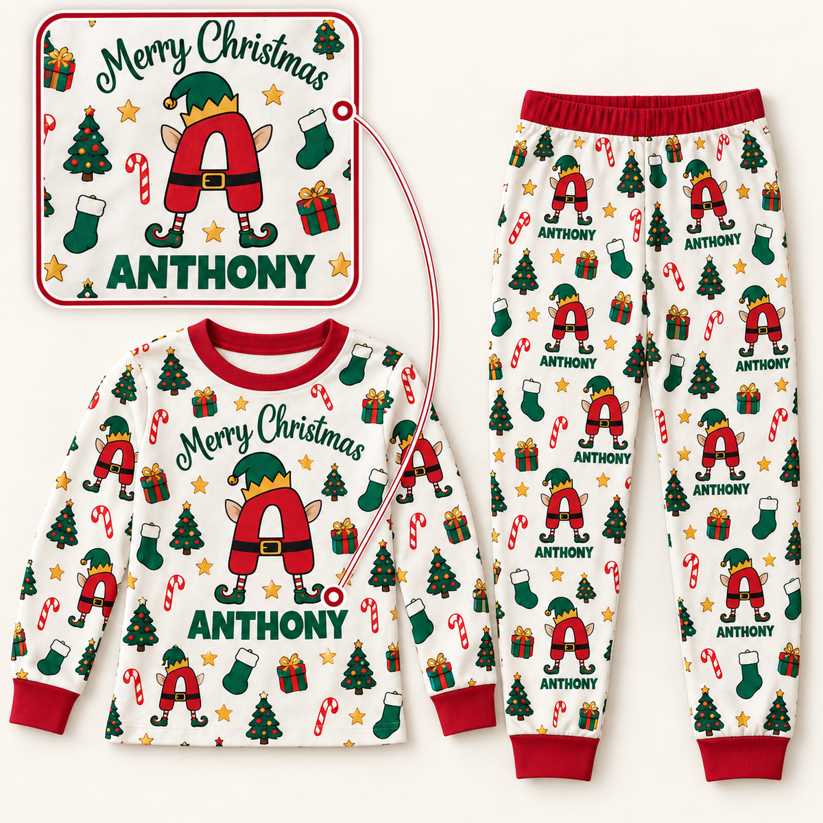 Personalized Elf Initial Christmas Pajama Set – Red