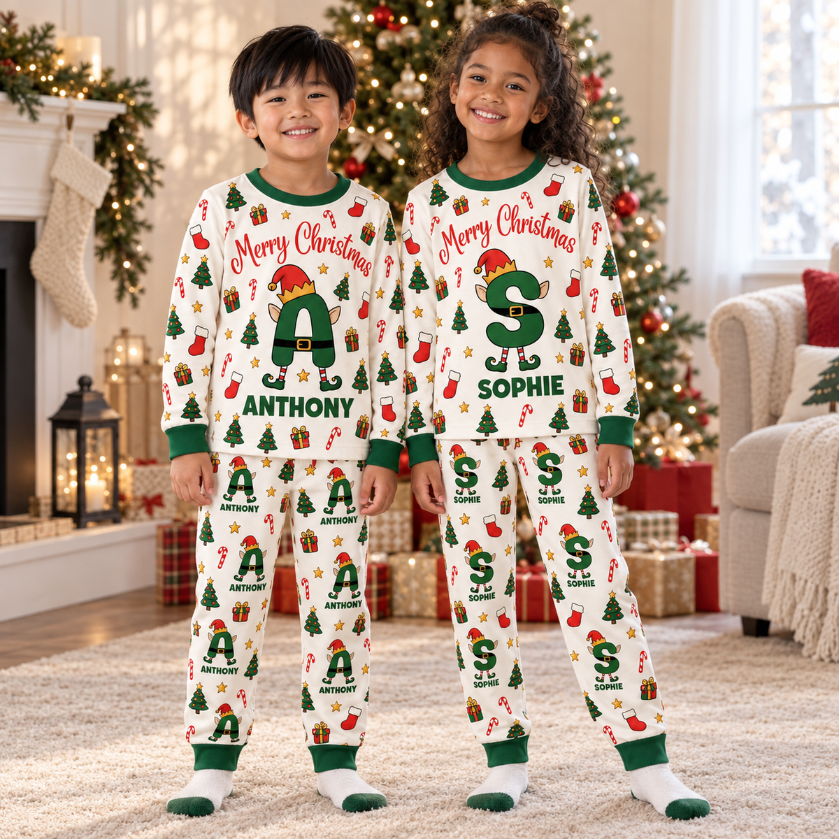 Personalized Elf Initial Christmas Pajama Set – Green