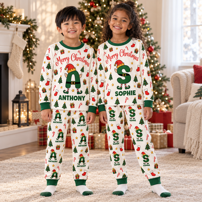 Personalized Elf Initial Christmas Pajama Set – Green