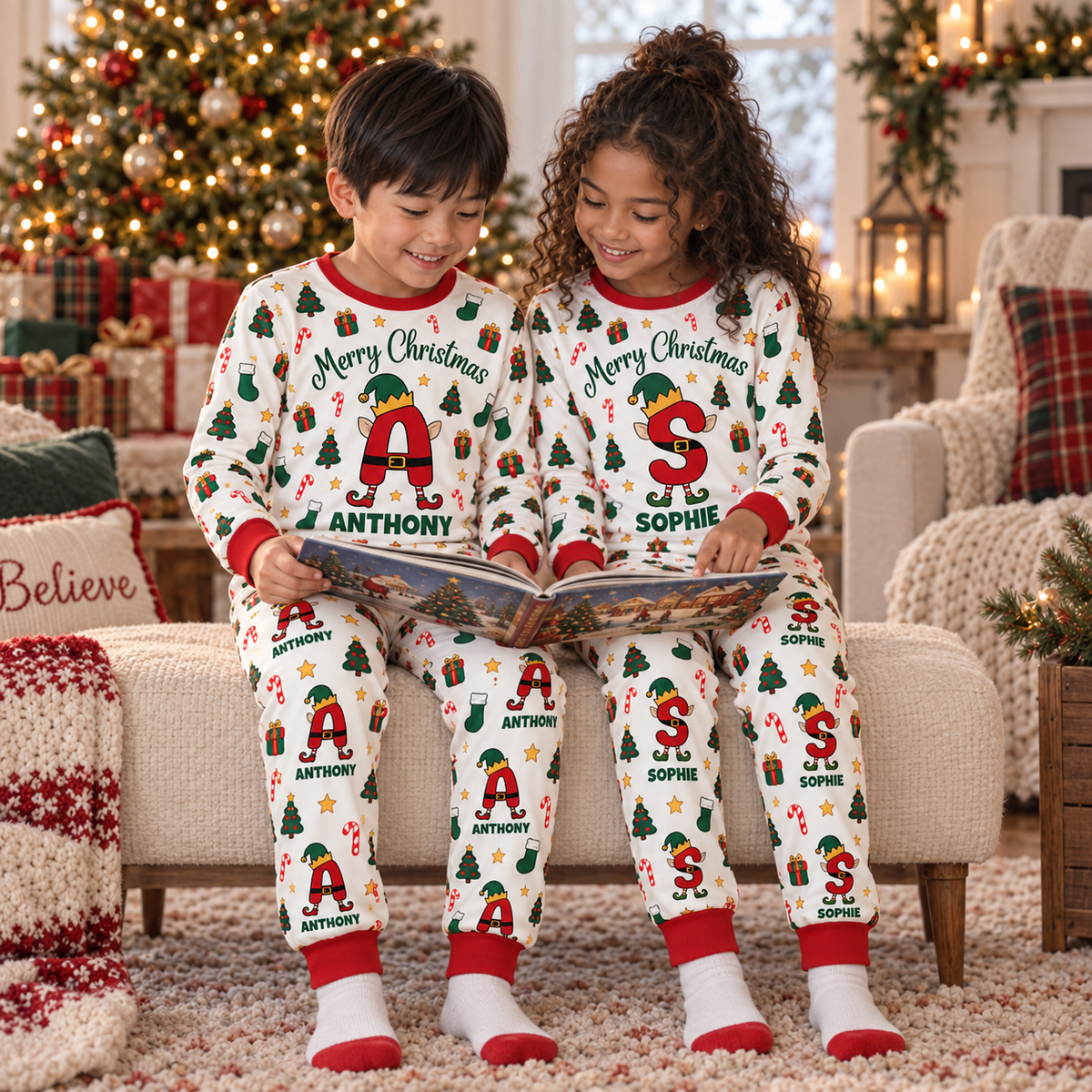 Personalized Elf Initial Christmas Pajama Set – Red