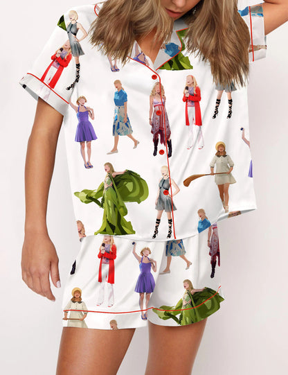 Swifttie Inspired Satin Pajama Set for Women, Music Artist Cartoon Print Sleepwear, Cozy Nightwear Gift