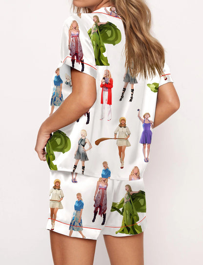 Swifttie Inspired Satin Pajama Set for Women, Music Artist Cartoon Print Sleepwear, Cozy Nightwear Gift