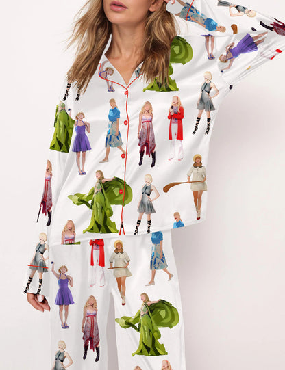 Swifttie Inspired Satin Pajama Set for Women, Music Artist Cartoon Print Sleepwear, Cozy Nightwear Gift