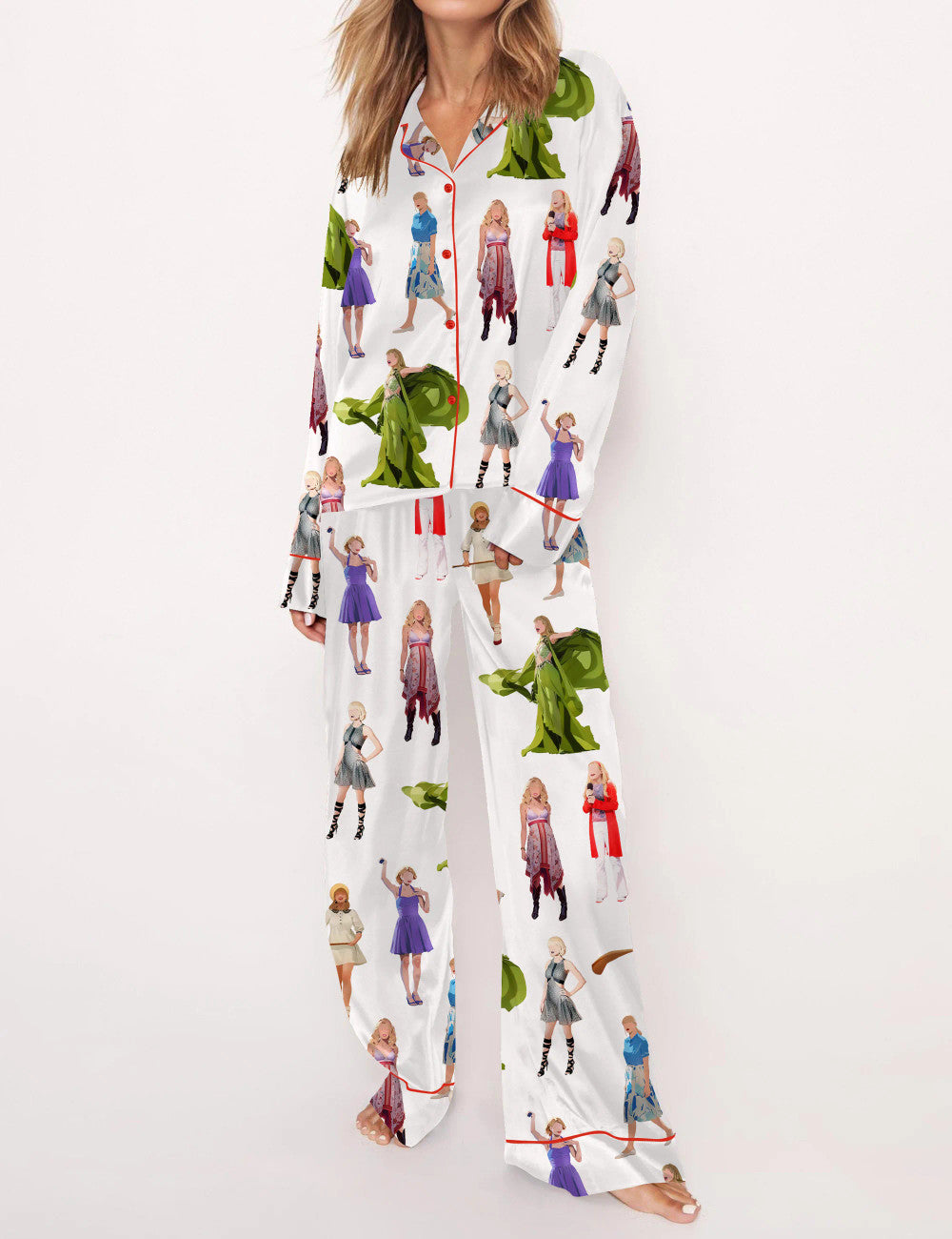 Swifttie Inspired Satin Pajama Set for Women, Music Artist Cartoon Print Sleepwear, Cozy Nightwear Gift