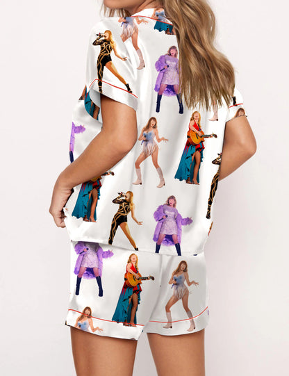 Swifttie Miami Tour Inspired Satin Pajama Set, Chic Music Era Sleepwear for Women, Silky Nightwear Gift