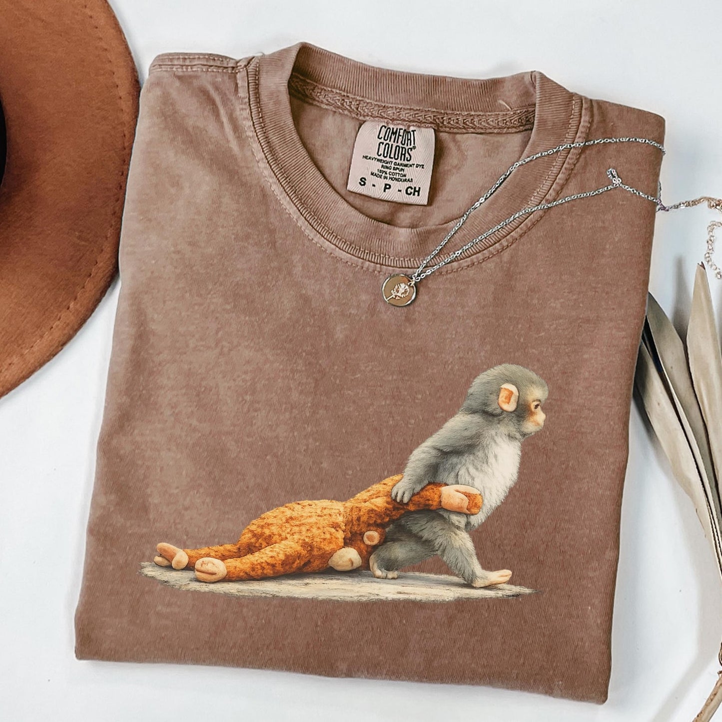 Comfort Colors Monkey Punch Graphic Shirt – Baby Monkey Holding Plush Toy Cute Trendy Tee