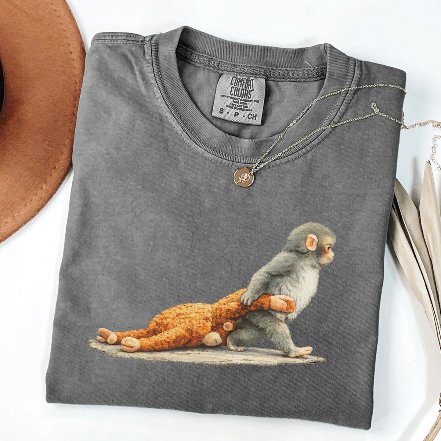 Comfort Colors Monkey Punch Graphic Shirt – Baby Monkey Holding Plush Toy Cute Trendy Tee