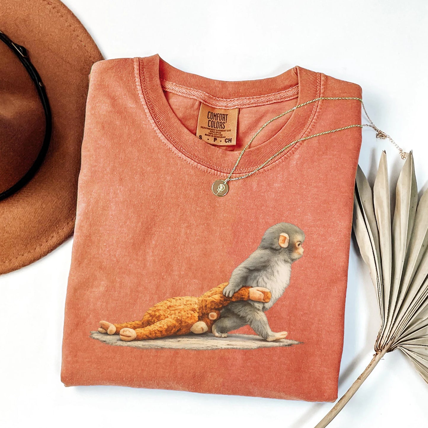 Comfort Colors Monkey Punch Graphic Shirt – Baby Monkey Holding Plush Toy Cute Trendy Tee