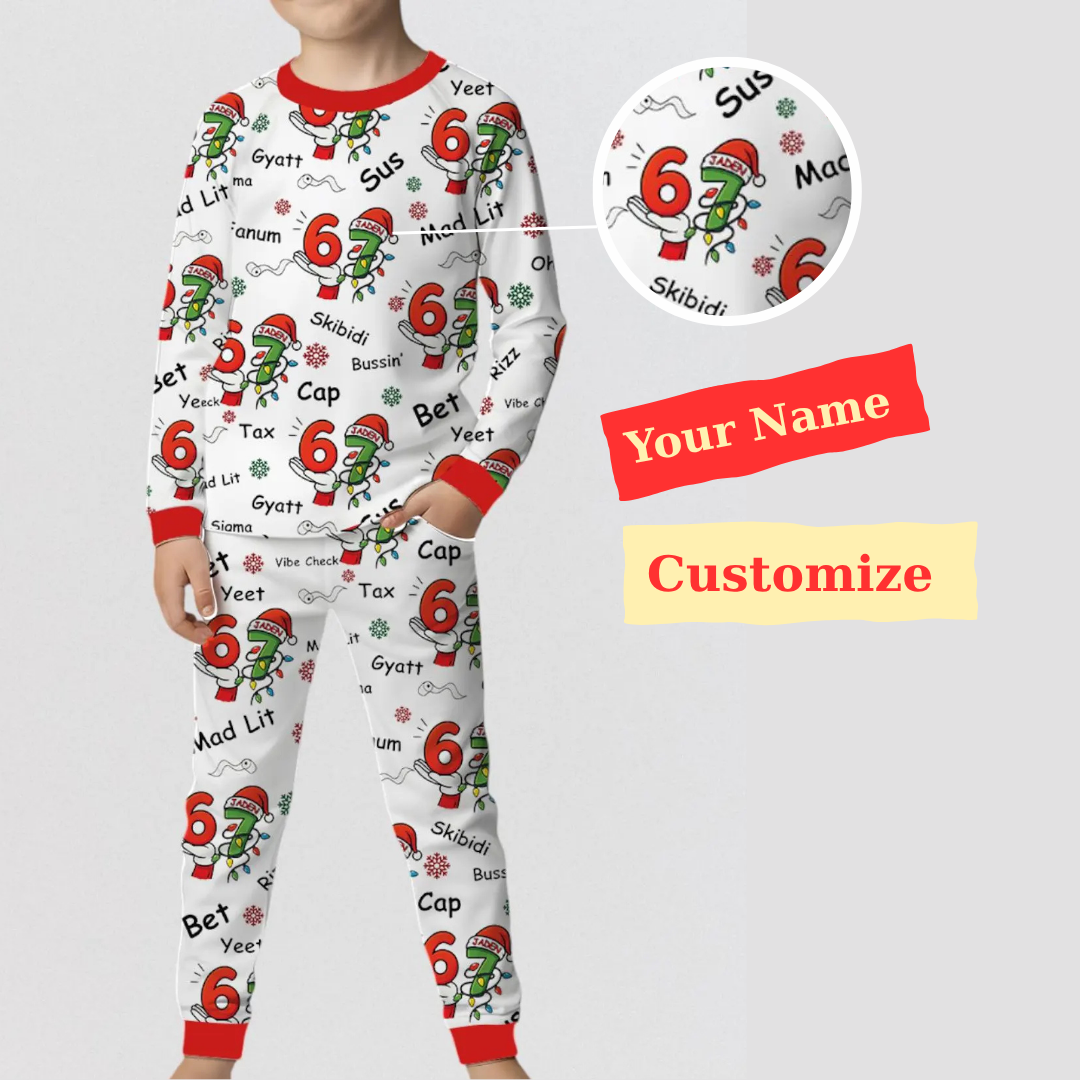 Personalized Funny 67 Meme Kids Christmas Pajama Set – Viral TikTok-Inspired Holiday Sleepwear