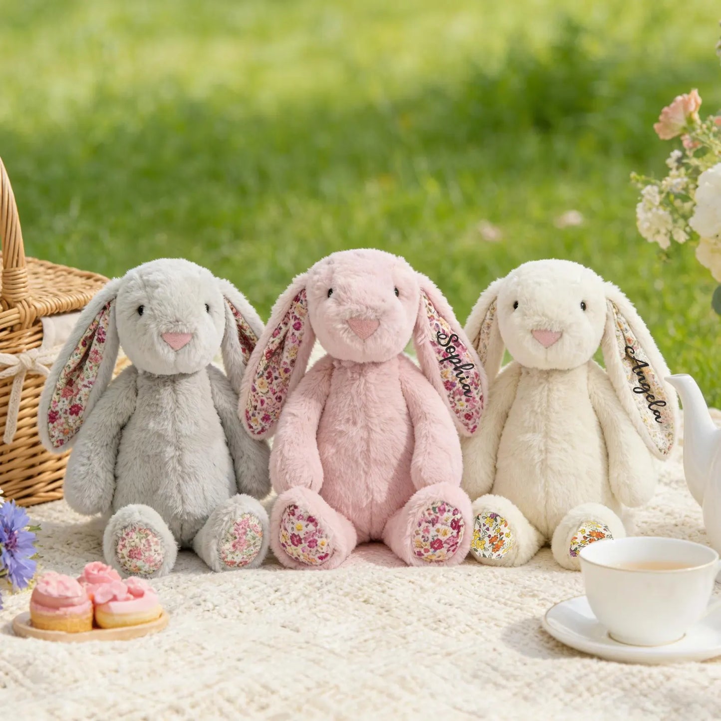 Personalized Floral Bunny Plush – Custom Name Embroidered Easter Bunny, Baby Shower & Newborn Gift