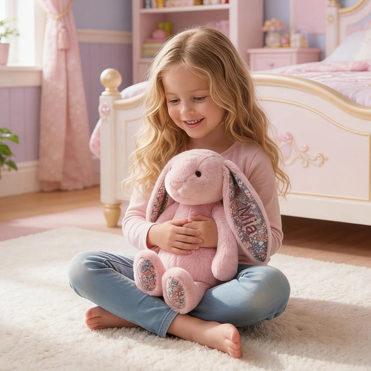 Personalized Floral Bunny Plush – Custom Name Embroidered Easter Bunny, Baby Shower & Newborn Gift