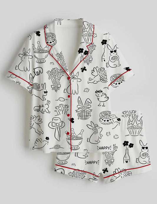 Spring Bunny Pajama Set – Easter Bunny Print Cute Sleepwear