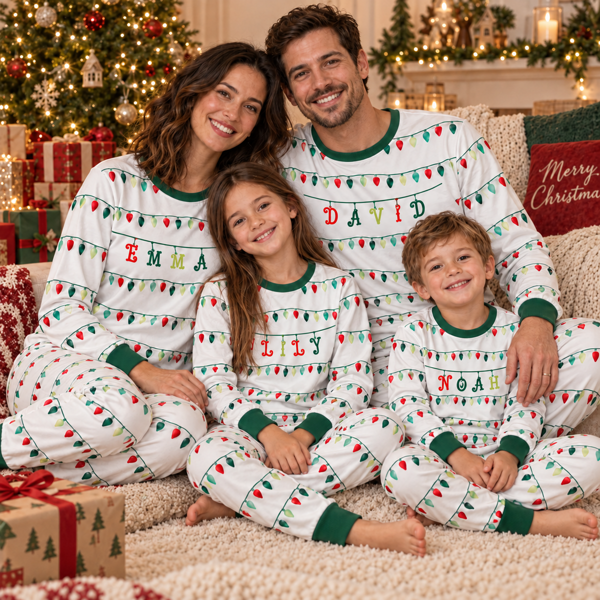 Personalized Christmas Lights Pajama Set – Forest Green