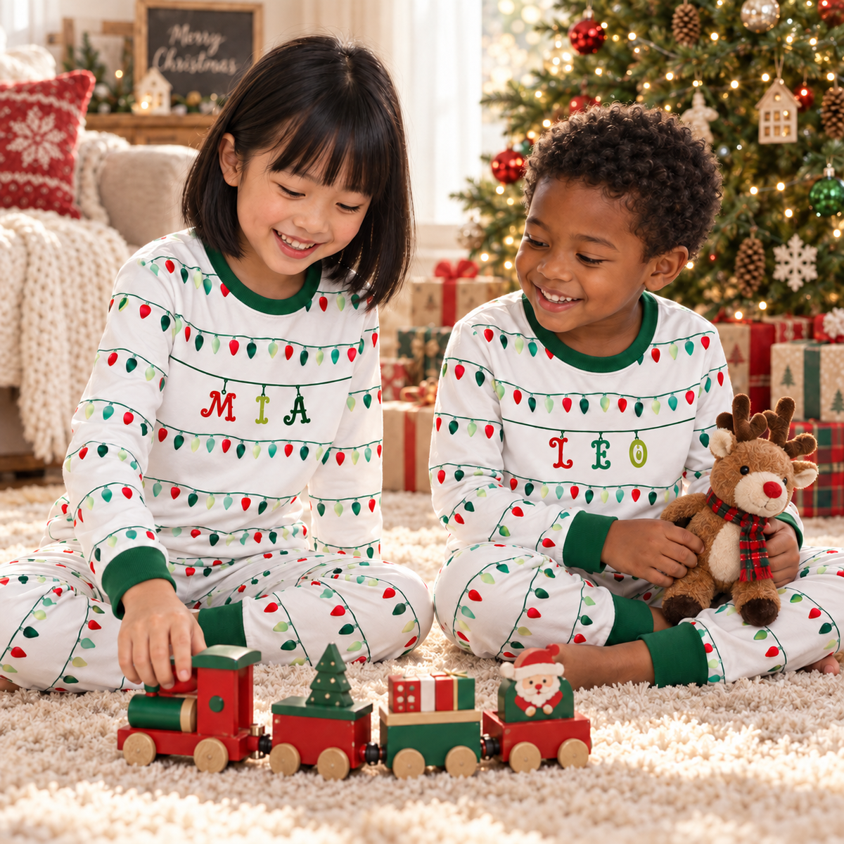 Personalized Christmas Lights Pajama Set – Forest Green