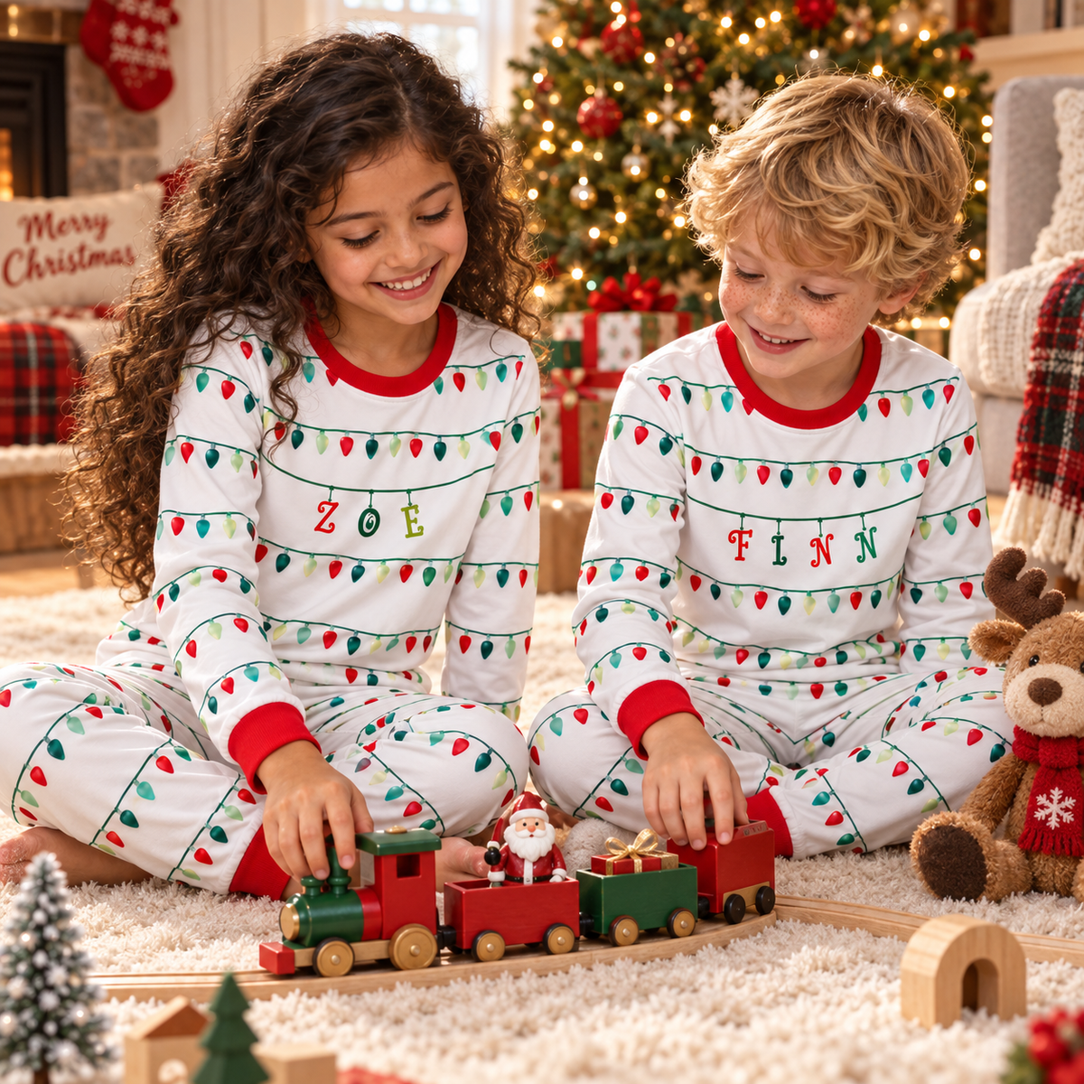 Personalized Christmas Lights Pajama Set – Classic Red