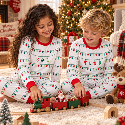 Personalized Christmas Lights Pajama Set – Classic Red