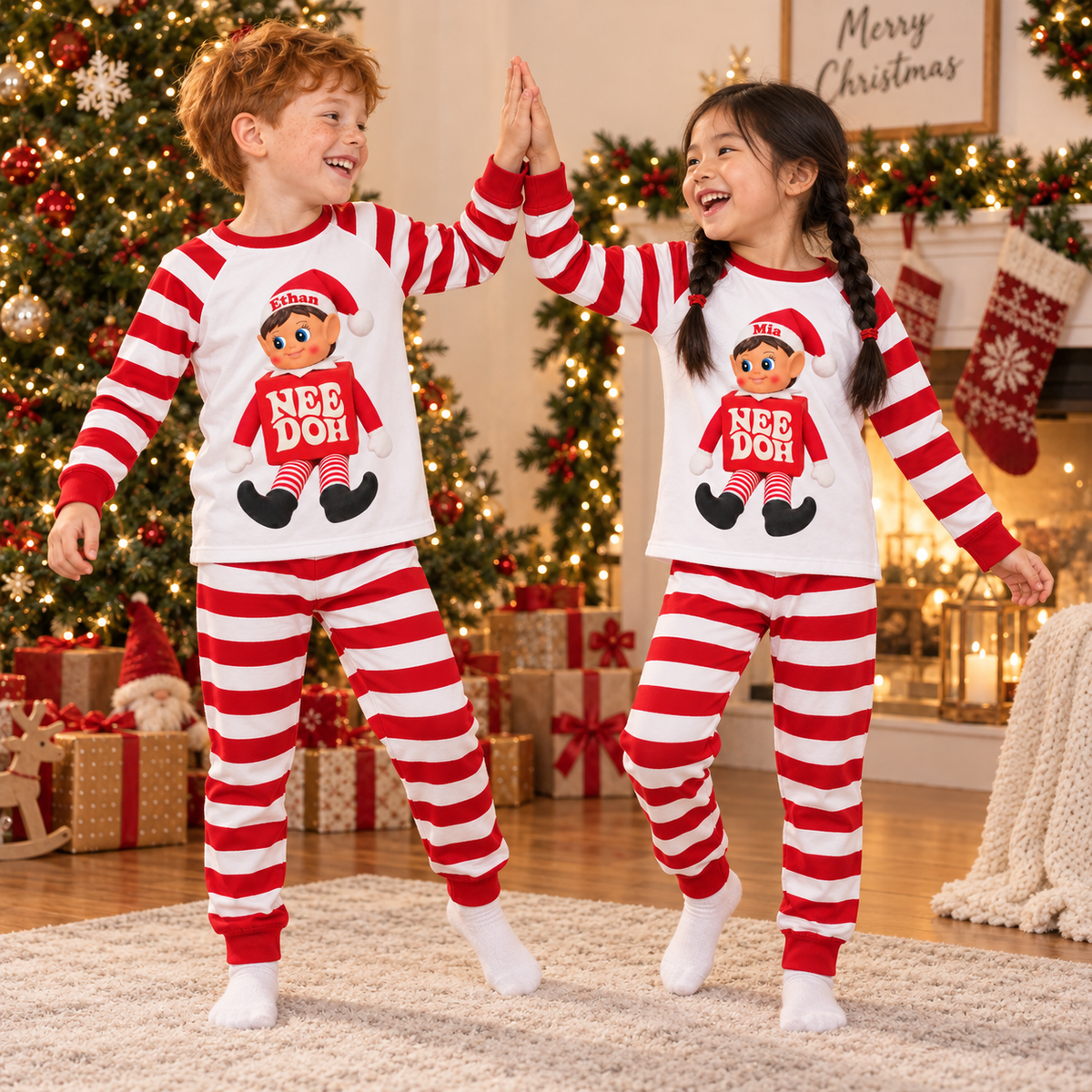 Personalized Christmas NeeDoh Elf Pajama Set – White