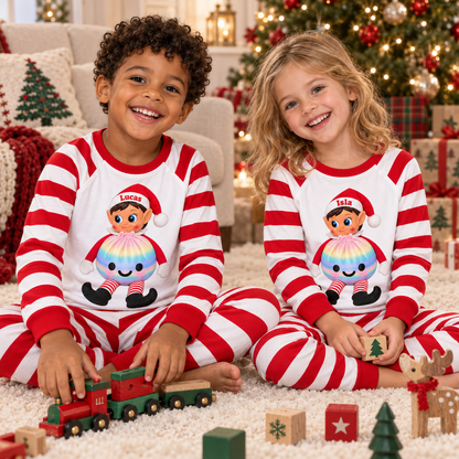 Personalized Christmas Rainbow Dumpling Elf Pajama Set – White