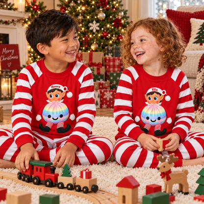 Personalized Christmas Rainbow Dumpling Elf Pajama Set – Red