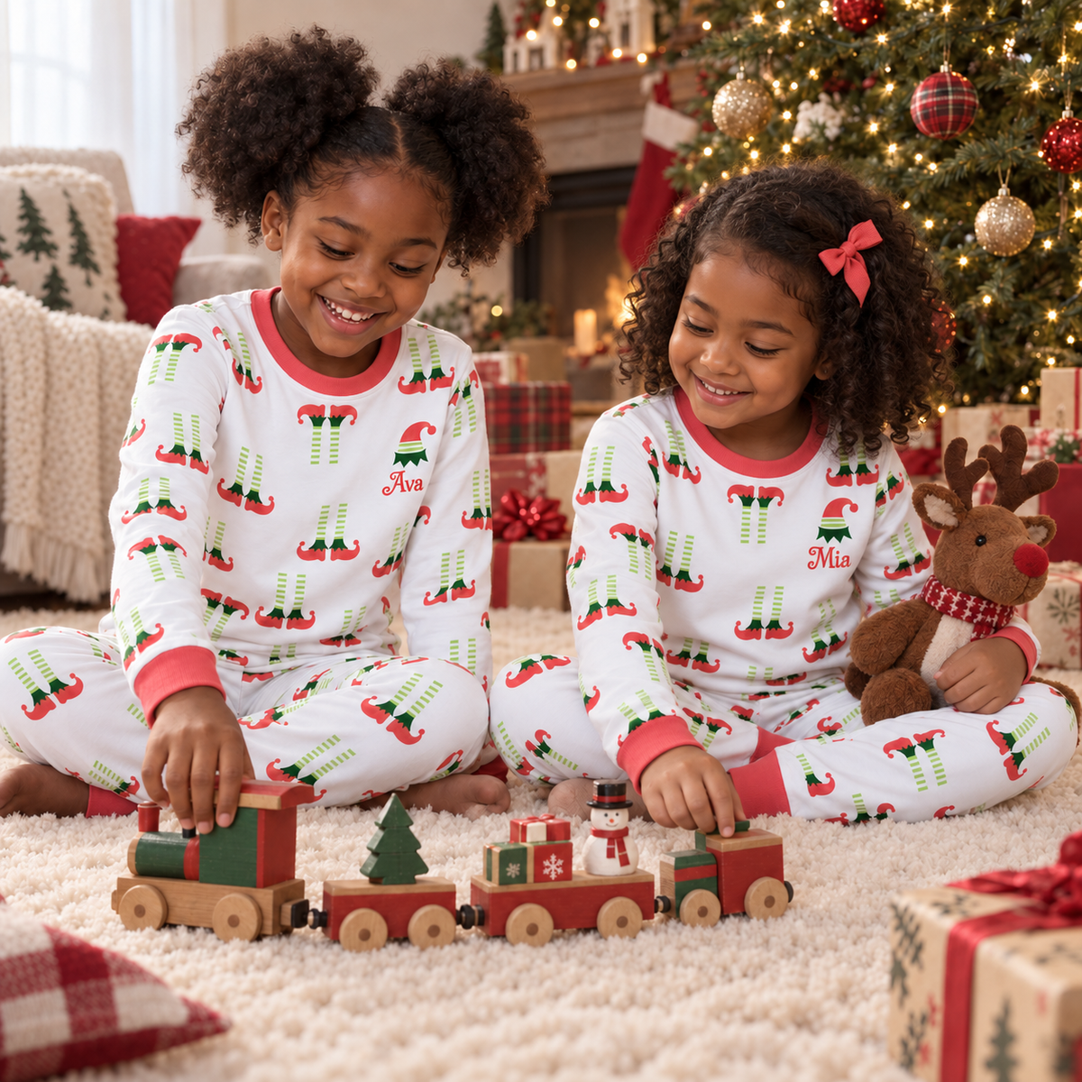 Personalized Christmas Elf Pajama Set – Coral Pink