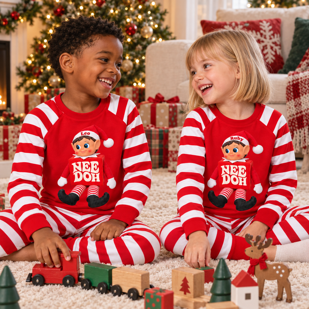 Personalized Christmas NeeDoh Elf Pajama Set – Red