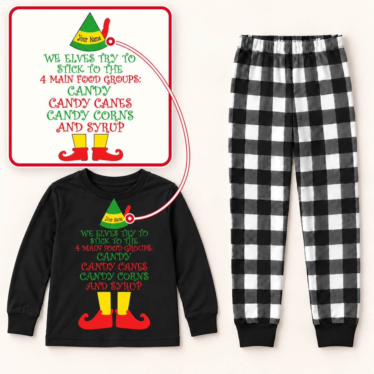 Personalized “Four Main Food Groups” Christmas Elf Pajama Set – Black