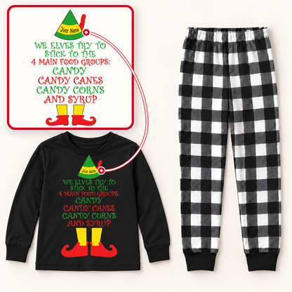 Personalized “Four Main Food Groups” Christmas Elf Pajama Set – Black