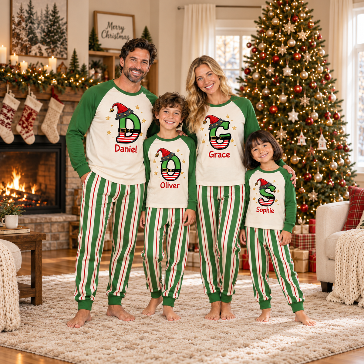 Personalized Elf Initial Christmas Pajama Set – Classic Green Sleeves