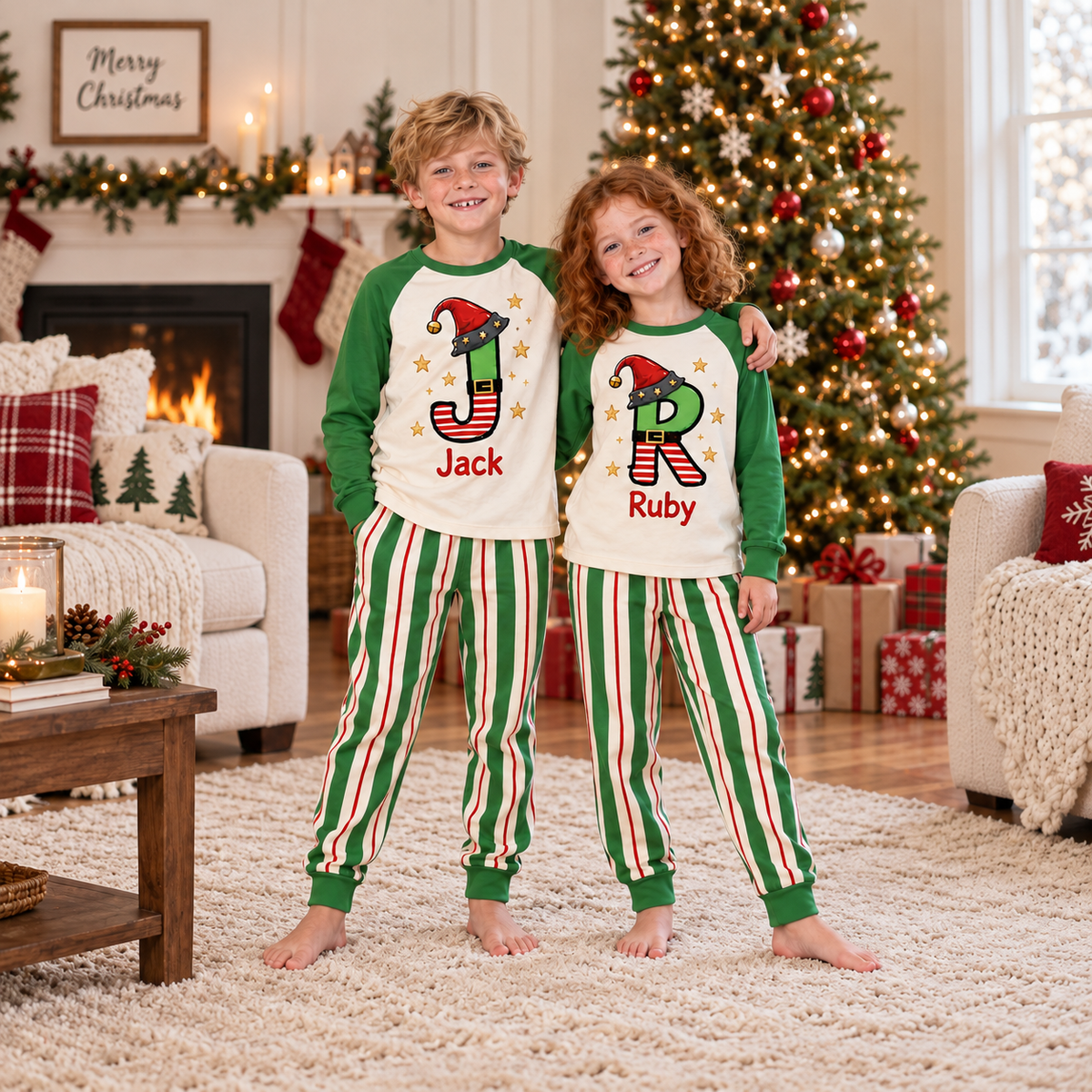 Personalized Elf Initial Christmas Pajama Set – Classic Green Sleeves