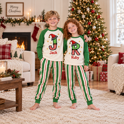 Personalized Elf Initial Christmas Pajama Set – Classic Green Sleeves