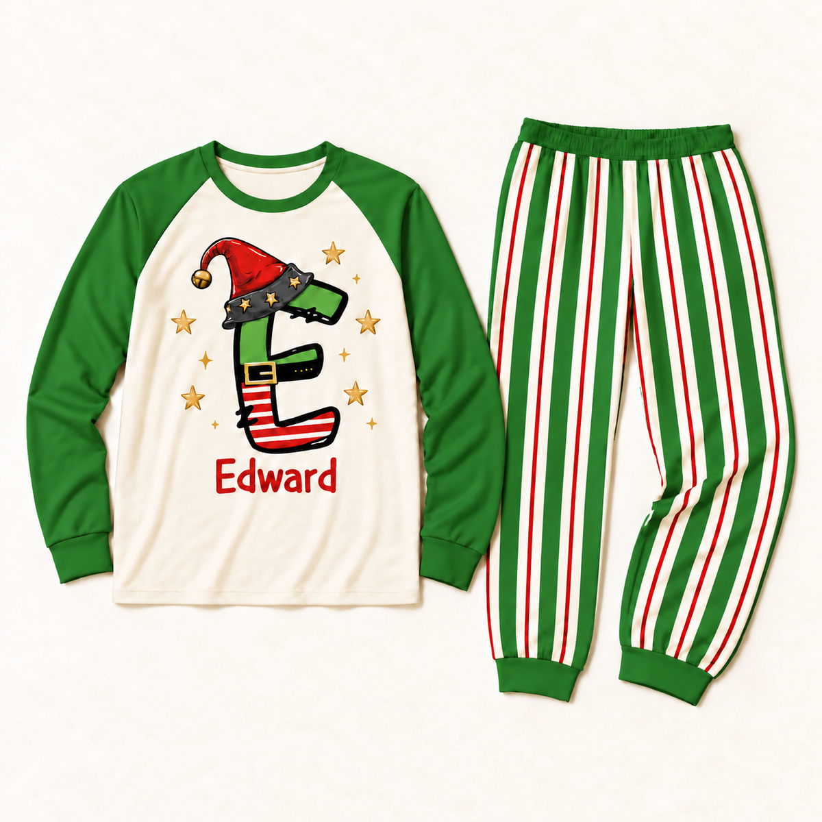 Personalized Elf Initial Christmas Pajama Set – Classic Green Sleeves