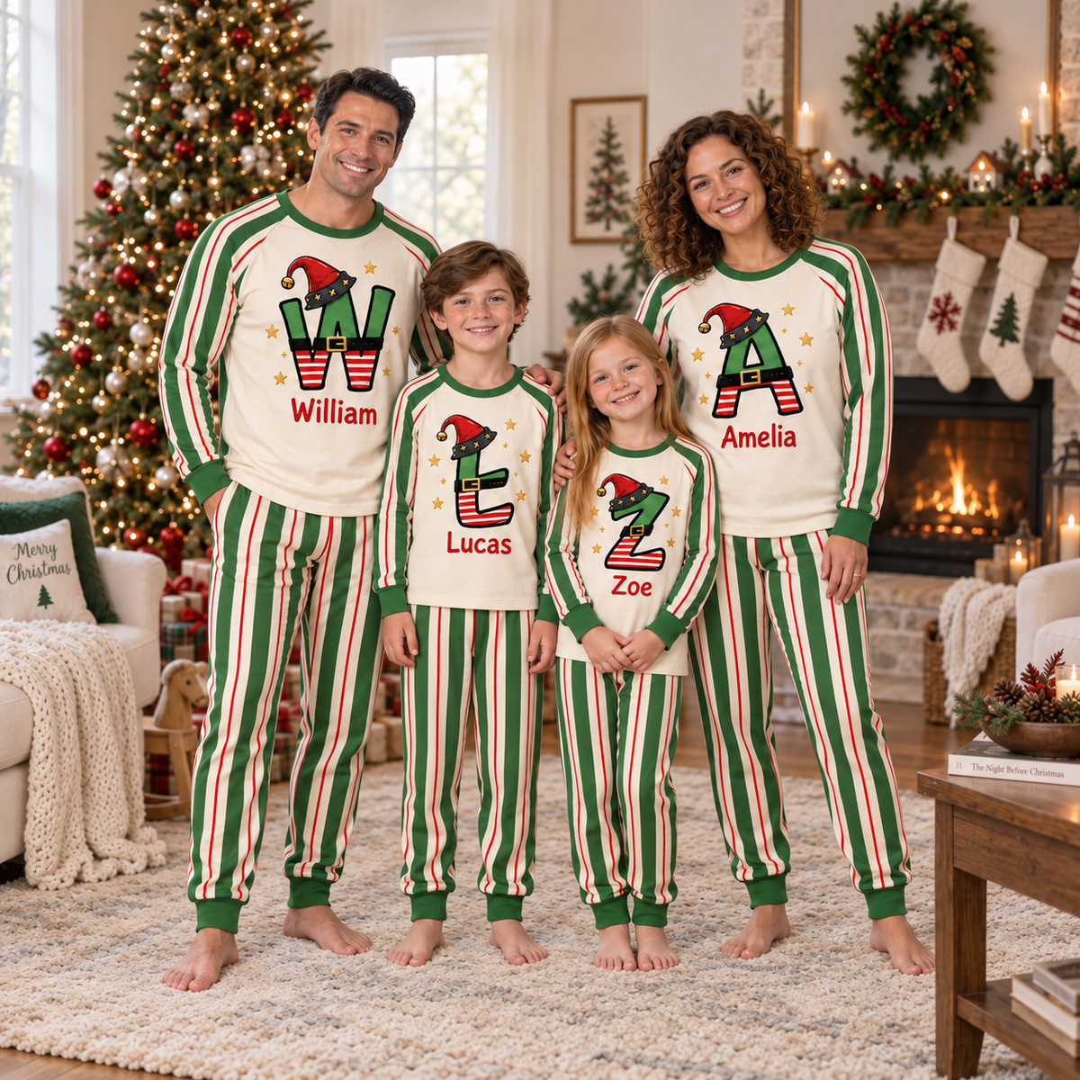 Personalized Elf Initial Christmas Pajama Set – Green Striped Sleeves