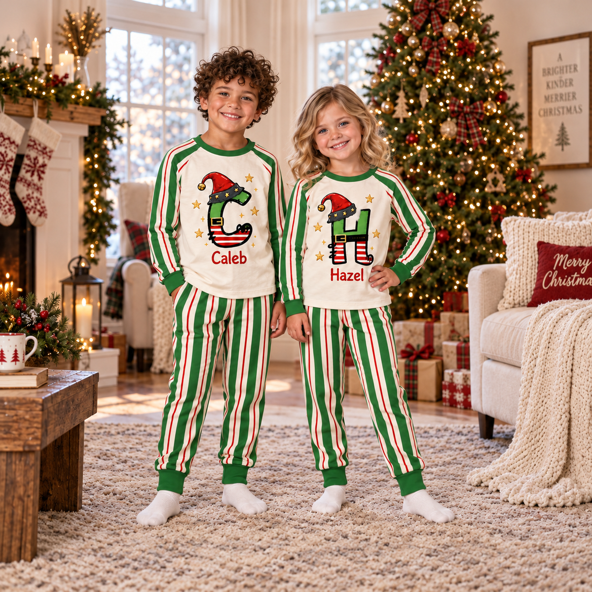 Personalized Elf Initial Christmas Pajama Set – Green Striped Sleeves