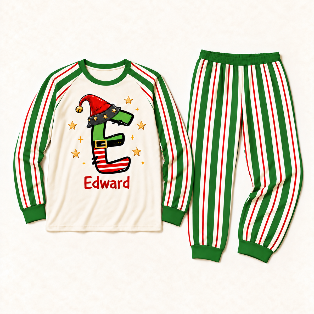 Personalized Elf Initial Christmas Pajama Set – Green Striped Sleeves