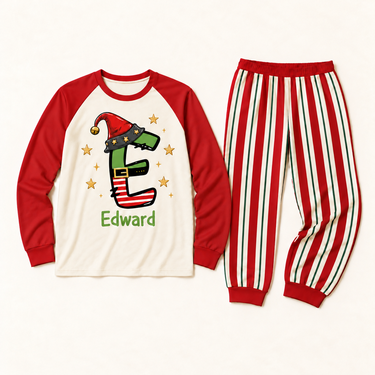 Personalized Elf Initial Christmas Pajama Set – Classic Red Sleeves