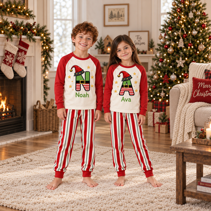 Personalized Elf Initial Christmas Pajama Set – Classic Red Sleeves