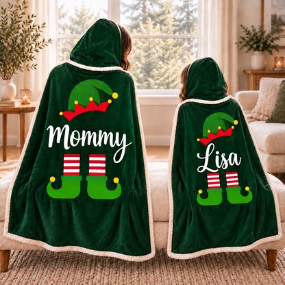 Personalized Christmas Elf Hooded Blanket – Forest Green