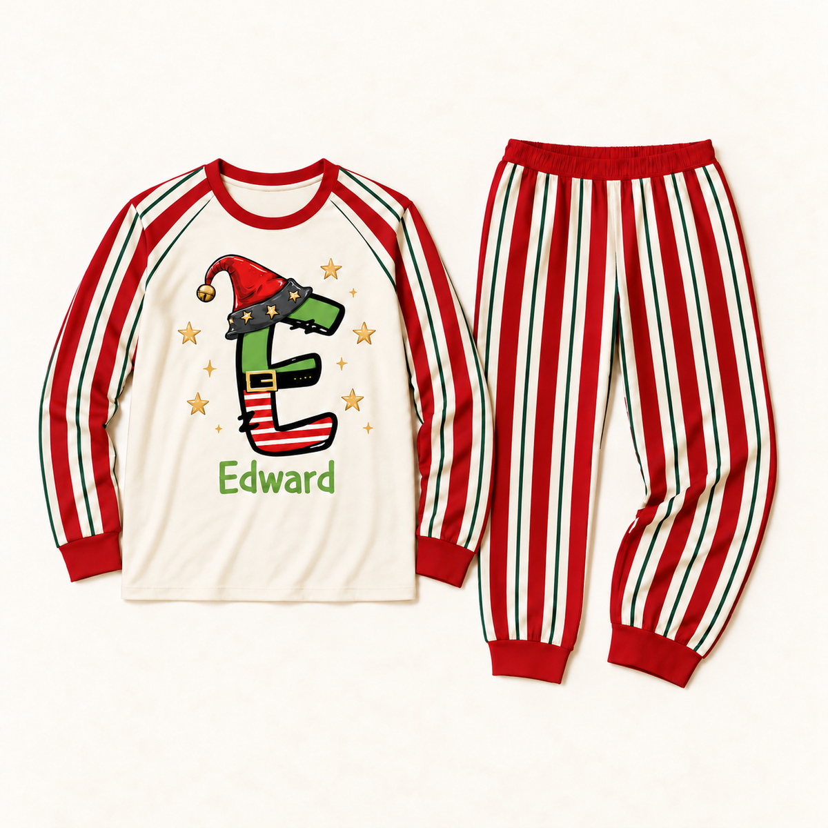 Personalized Elf Initial Christmas Pajama Set – Red Striped Sleeves