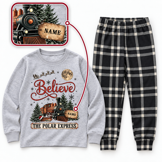 Personalized Vintage Polar Express Christmas Pajama Set – Gray & Black Plaid