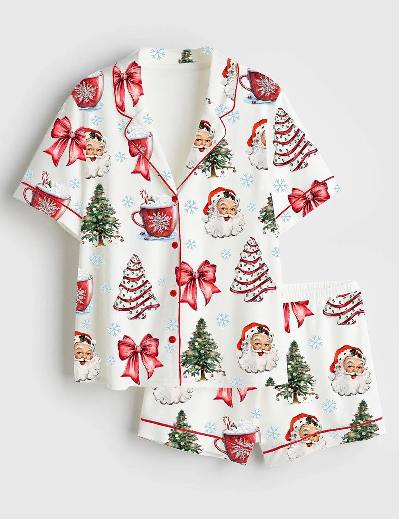 Coquette Christmas Santa Satin Pajama Set – Festive Bows & Cup Print Holiday Sleepwear for Women