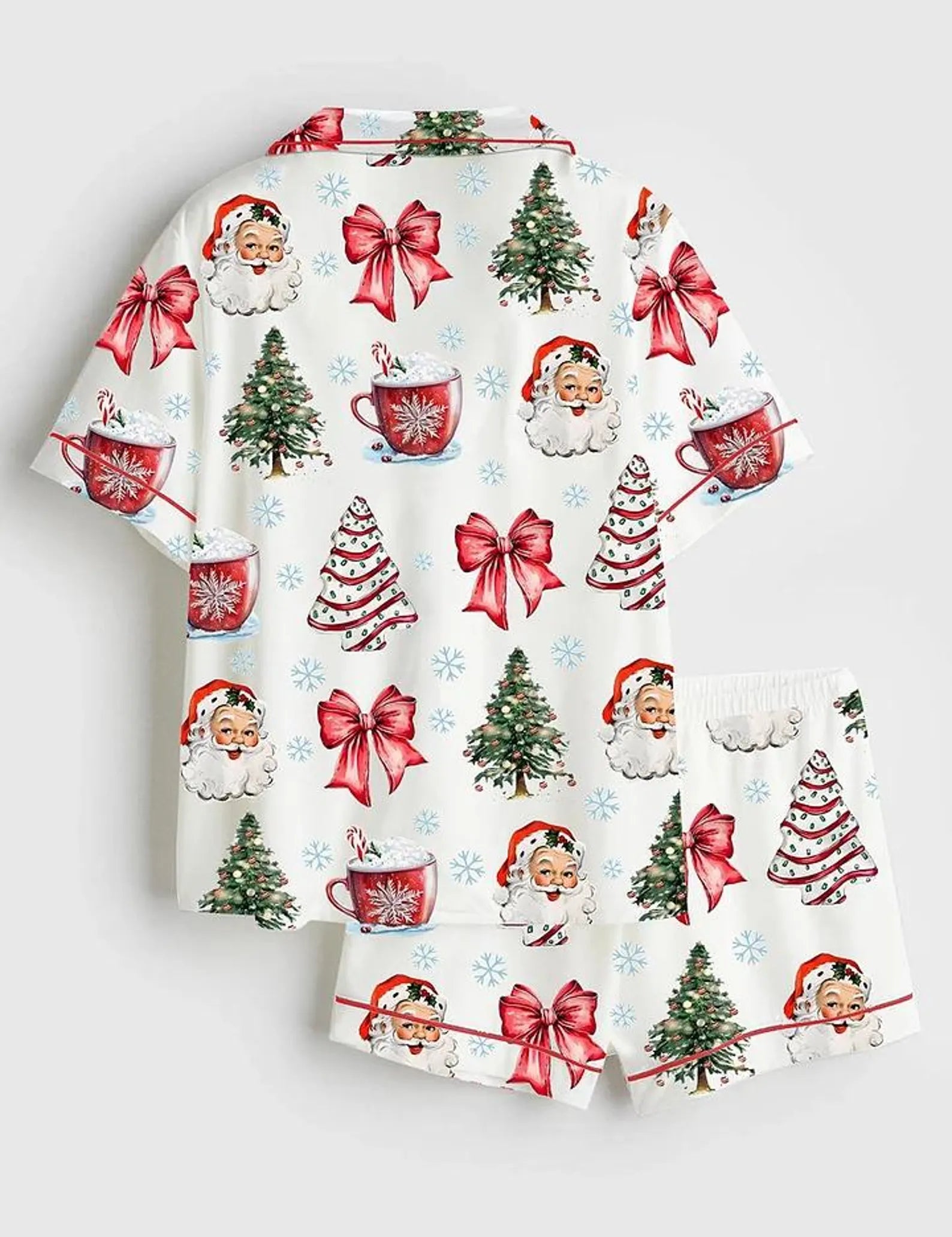 Coquette Christmas Santa Satin Pajama Set – Festive Bows & Cup Print Holiday Sleepwear for Women
